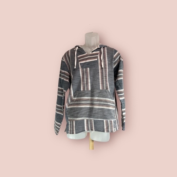 Free Planet Tops - Free Planet Pullover Striped Hoodie, Gray, White Stripes S